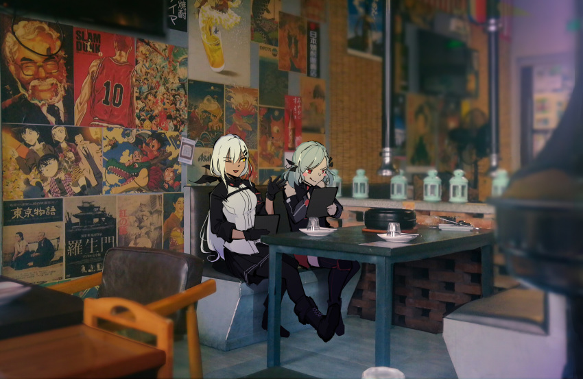 2girls, :q, ;d, black_gloves, blush_stickers, breasts, bulma, chair, cup, dark_skin, dragon_ball, drinking_glass, edogawa_conan, girls_frontline, gloves, grey_hair, highres, kuririn, m590_(girls_frontline), meitantei_conan, miyazaki_hayao_(person), mouri_kogoro, mouri_ran, multiple_girls, one_eye_closed, open_mouth, photo_background, pleated_skirt, poster_(object), red_eyes, sitting, skirt, slam_dunk, slmsxiaodu, smile, son_gokuu, spas-12_(girls_frontline), suzuki_sonoko, table, television, tongue, tongue_out, twintails, white_hair, yellow_eyes