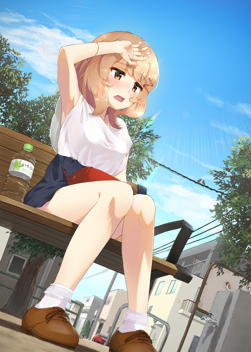 1girl, alternate_costume, arm_up, armpits, bag, bench, bird, blush