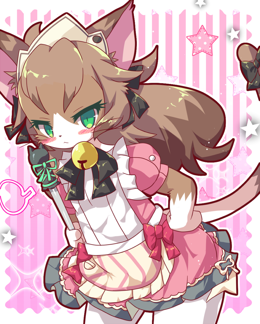 1girl, :<, animal_ears, bell, black_bow, blush, bow, broom, brown_fur, brown_hair, cat, cat_busters, cat_ears, cat_girl, cat_tail, charlotte_(cat_busters), commentary_request, contrapposto, cowboy_shot, furry, green_eyes, hair_bow, hand_on_hip, holding, holding_broom, leaning_forward, long_hair, looking_at_viewer, maid_headdress, pink_background, rao_(artist), simple_background, slit_pupils, solo, standing, star, striped, striped_background, tail, tail_bow, two-tone_fur, whiskers, white_fur