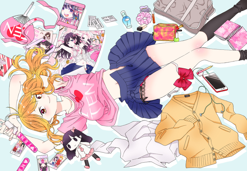 1girl, bag, black_legwear, blonde_hair, blue_skirt, blush, bow, bra_strap