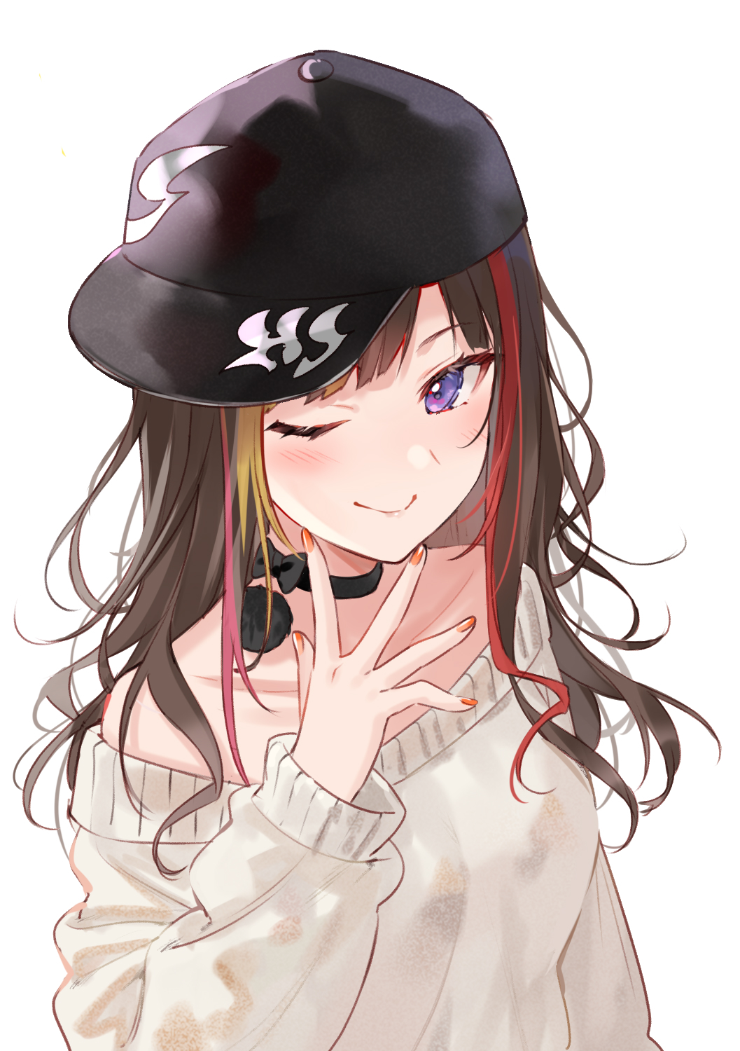 1girl, baseball_cap, black_choker, black_headwear, blonde_hair, blush, breasts, brown_hair