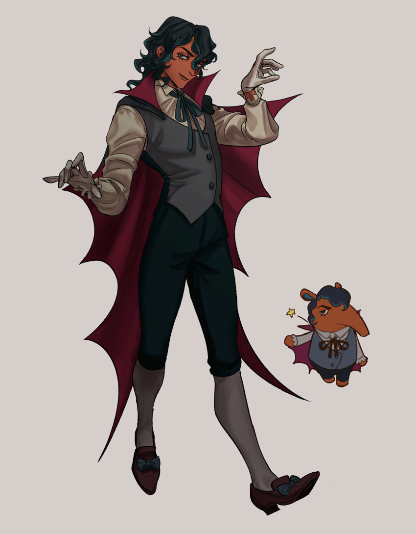 1boy, animal, anteater, antonio_(doubutsu_no_mori), black_eyes, black_hair, cape, dark_skin, dark_skinned_male, doubutsu_no_mori, eyelashes, gloves, grey_background, highres, humanization, ling_extra, neck_ribbon, red_cape, ribbon, simple_background, spats_(footwear), vampire_costume, waistcoat, white_gloves