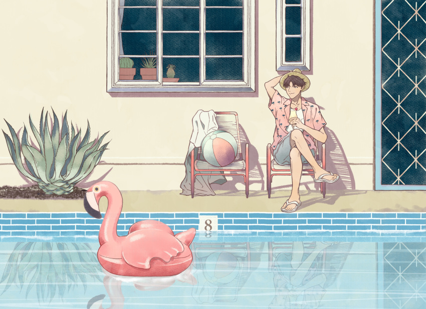 1boy, absurdres, ball, beachball, brown_hair, chair, cocktail_glass, crossed_legs