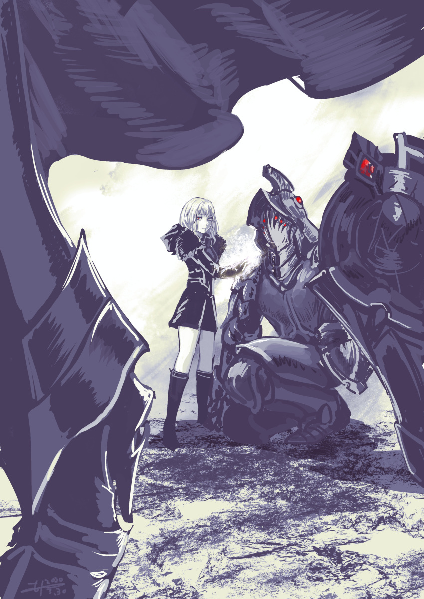 1girl, 2boys, abandoned_star_hyndra, absurdres, armor, black_footwear, boots, dated