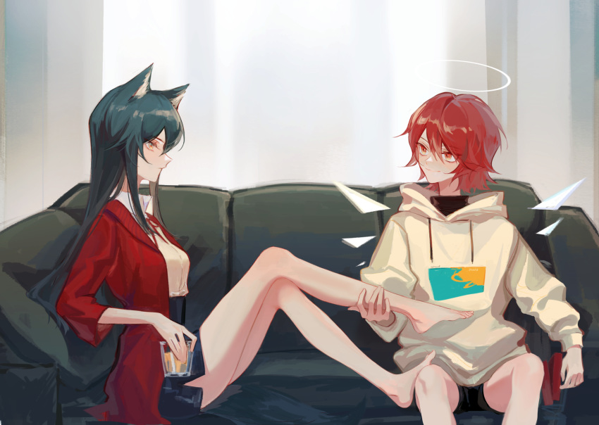2girls, animal_ear_fluff, animal_ears, arknights, bangs, black_hair, black_shorts, black_skirt