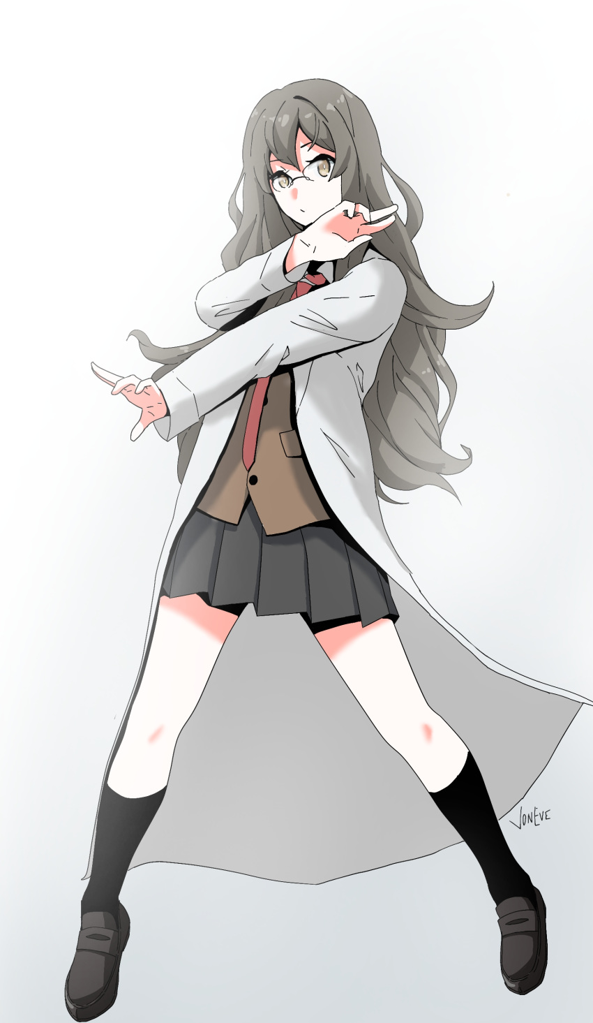 1girl, absurdres, artist_name, beige_vest, black-framed_eyewear, black_footwear, black_legwear, brown_eyes