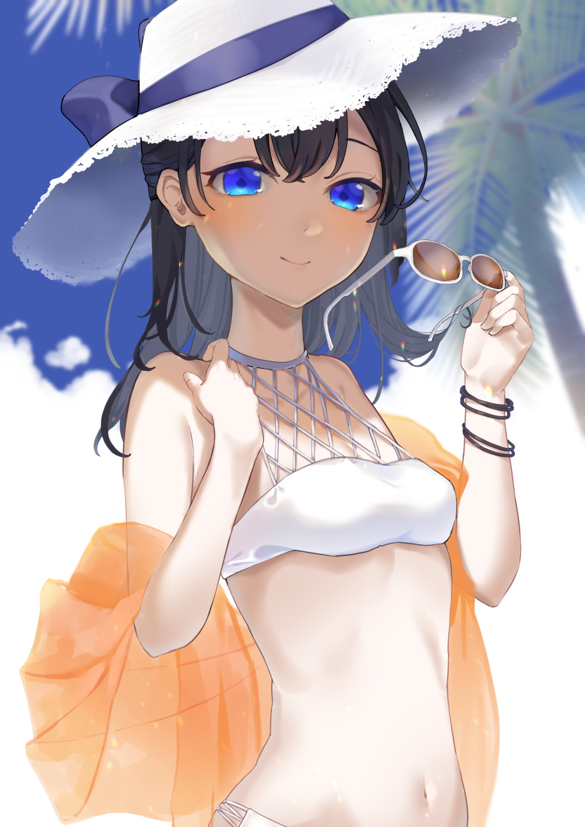1girl, absurdres, aoto_sora, bangs, bare_shoulders, bikini, black_hair, blue_bow