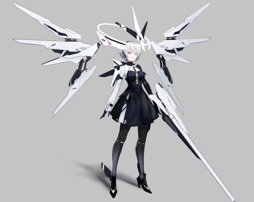 1girl, arms_at_sides, asymmetrical_sleeves, commentary_request, dress, earphones, full_body, grey_background