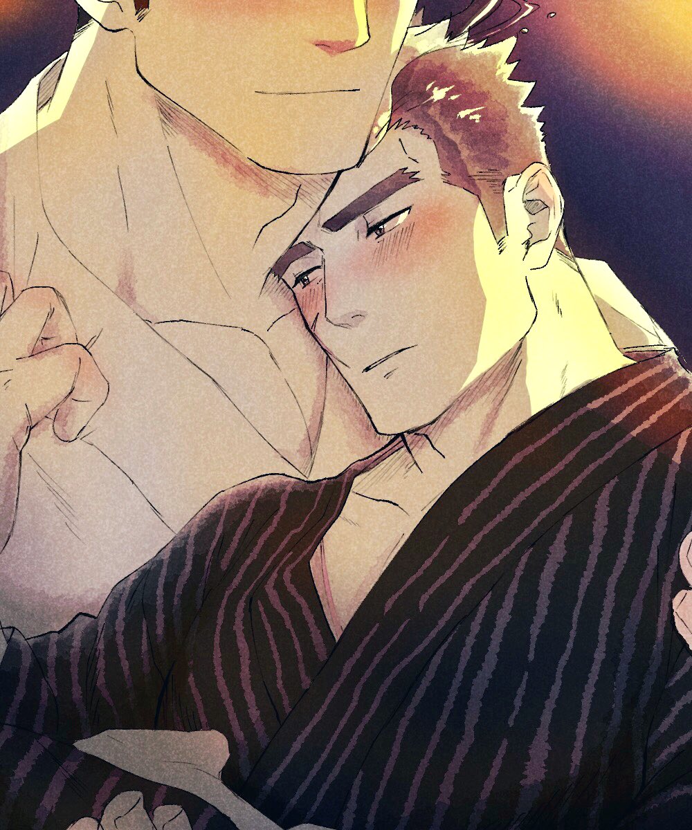 2boys, bara, black_hair, blush, brown_hair, carrying, chest, collarbone