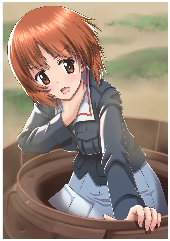 1girl, arm_support, bangs, blue_jacket, brown_eyes, brown_hair, commentary_request, day