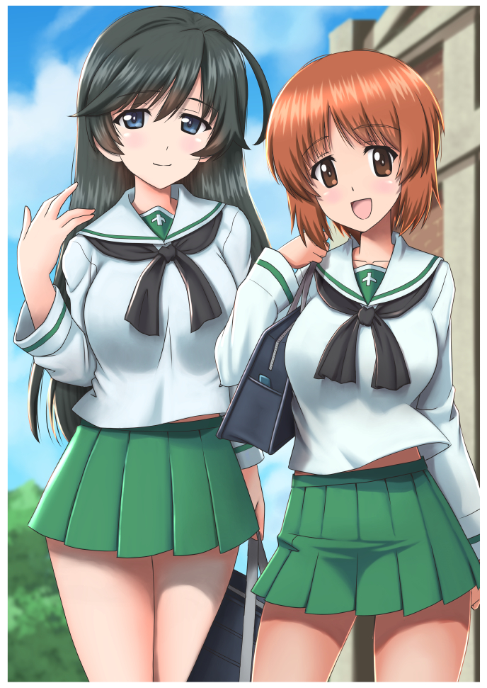 2girls, :d, ahoge, bag, bangs, black_eyes, black_hair, black_neckwear
