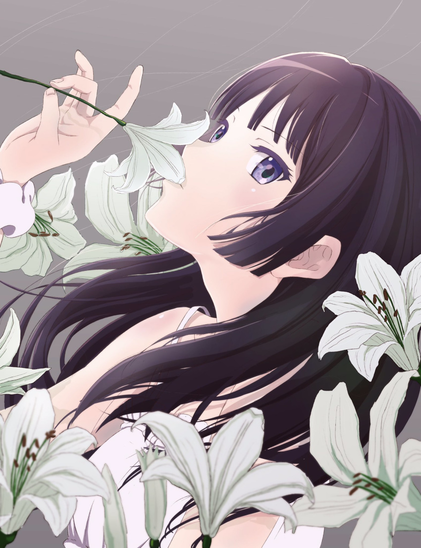1girl, bangs, black_hair, blue_eyes, cuvier3240, dress, floating_hair, flower
