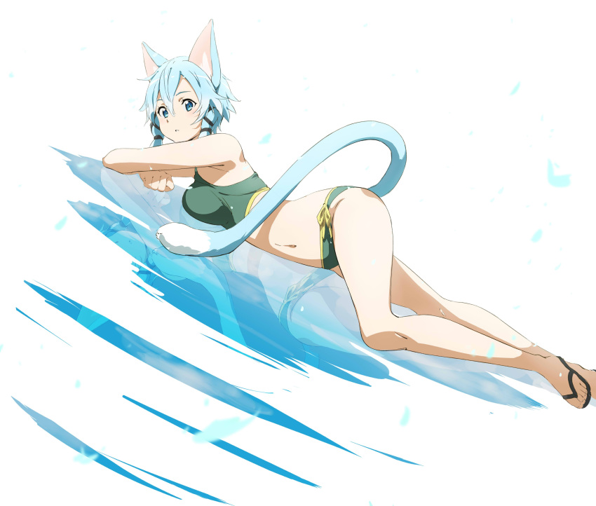 1girl, absurdres, animal_ears, bikini, blue_eyes, blue_hair, breast_press, breasts