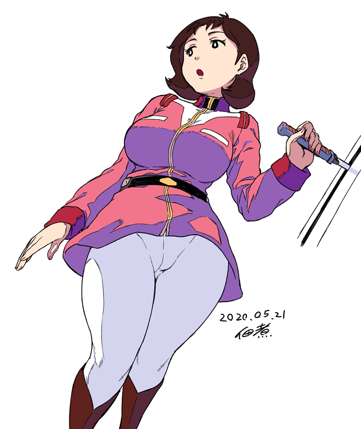 1girl, belt, breasts, commentary_request, dated, earth_federation, gundam, holding
