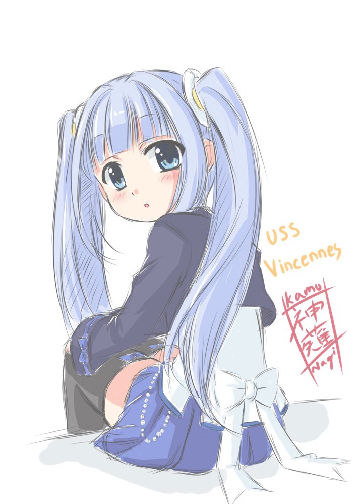 1girl, azur_lane, bangs, blue_eyes, blue_hair, blush, character_name, commentary_request, eyebrows_visible_through_hair, hair_ornament, jacket, kan'nagi_(vtk7710), long_hair, long_sleeves, looking_at_viewer, open_mouth, signature, solo, thigh-highs, twintails, vincennes_(azur_lane), white_background