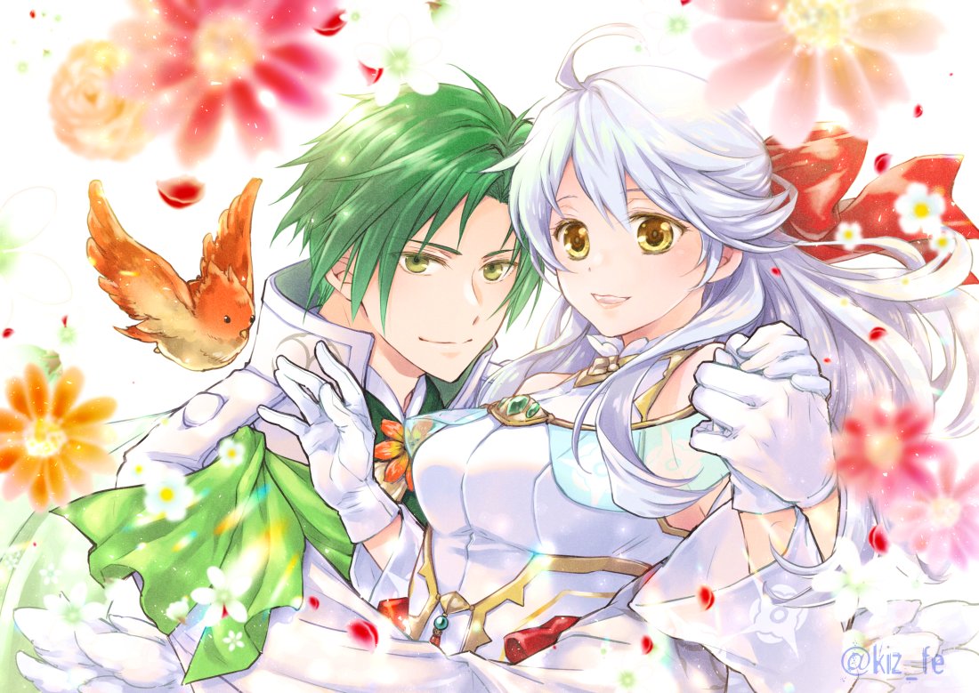 1boy, 1girl, bangle, bare_shoulders, bird, bracelet, bride, couple