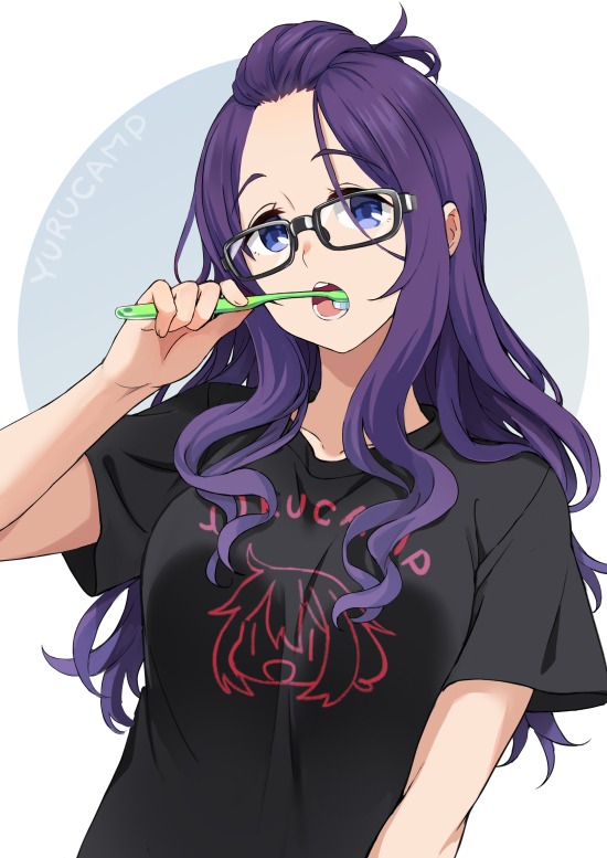 1girl, bangs_pinned_back, black_t-shirt, blue_eyes, brushing_teeth, commentary, copyright_name, eyebrows_visible_through_hair, glasses, kagamihara_nadeshiko, kagamihara_sakura, long_hair, mirai_denki, open_mouth, purple_hair, rectangular_eyewear, shirt, simple_background, solo, t-shirt, upper_body, yurucamp