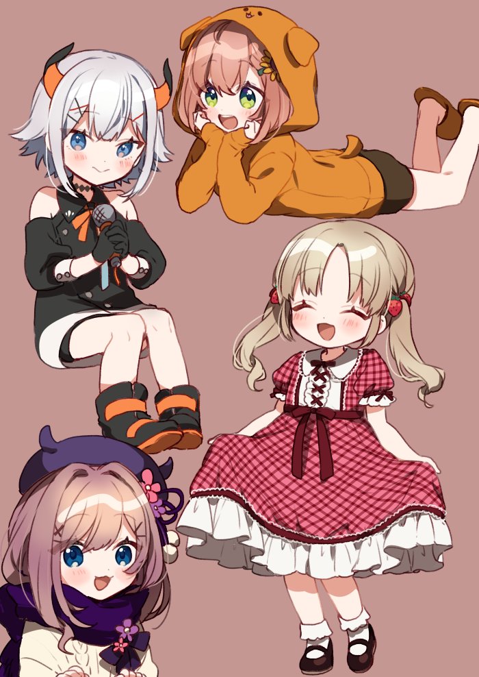 4girls, :d, ^_^, animal_ears, animal_hood, aran_sweater, bangs, beret