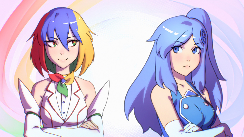 2girls, absurdres, bare_shoulders, blonde_hair, blue_eyes, blue_hair, breasts, closed_mouth