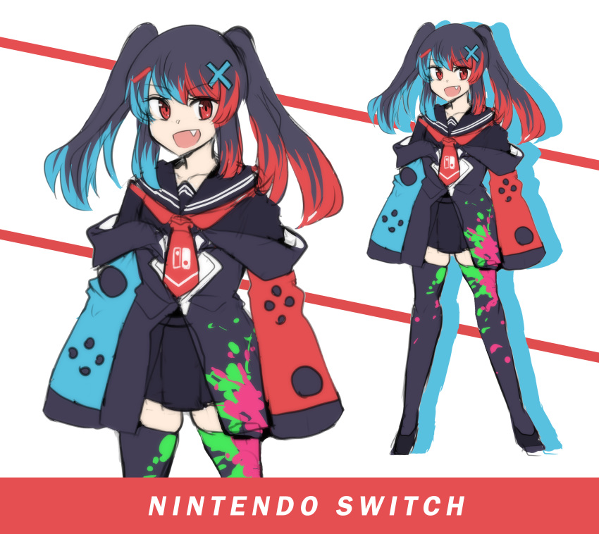 1girl, :d, absurdres, black_hair, black_skirt, blue_hair, eyebrows_visible_through_hair, fang