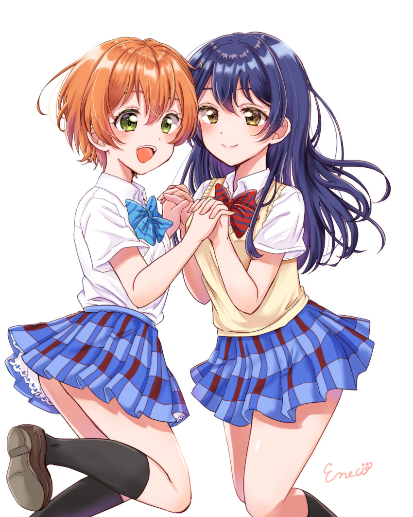 2girls, bangs, blue_bow, blue_hair, blue_neckwear, blush, bow, bowtie