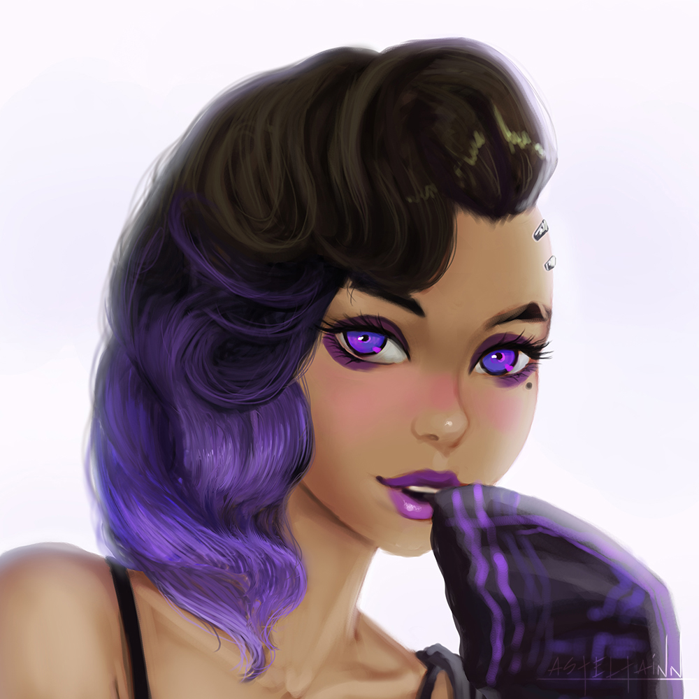 1girl, alternate_hairstyle, anastasia_(asteltainn), asymmetrical_hair, black_hair, blush, collarbone, dark_skin