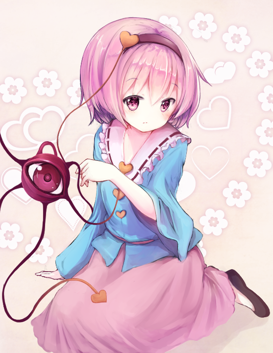 1girl, arm_up, black_footwear, blue_shirt, commentary_request, expressionless, eyebrows_visible_through_hair, floral_background, hair_between_eyes, hair_ornament, hairband, head_tilt, heart, heart_background, heart_hair_ornament, komeiji_satori, long_sleeves, looking_at_viewer, nekomarieru, pink_background, pink_eyes, pink_skirt, purple_hair, shirt, short_hair, sitting, skirt, solo, third_eye, touhou, untucked_shirt, wariza