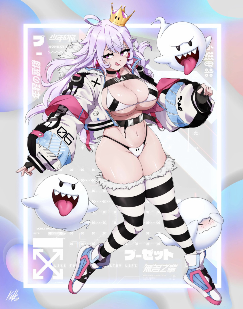 1girl, ahoge, black_bra, black_gloves, black_legwear, black_panties, boo, bra, breasts, coat, crown, fastener, fingerless_gloves, fur_trim, gloves, highres, kellzallday, large_breasts, lavender_hair, long_hair, luigi's_mansion, super_mario_bros., multicolored, multicolored_background, multicolored_bra, multicolored_clothes, multicolored_panties, new_super_mario_bros._u_deluxe, panties, princess_king_boo, red_eyes, shoes, striped, striped_legwear, super_crown, tongue, tongue_out, underwear, vaporwave, white_bra, white_legwear, white_panties, winter_clothes, winter_coat