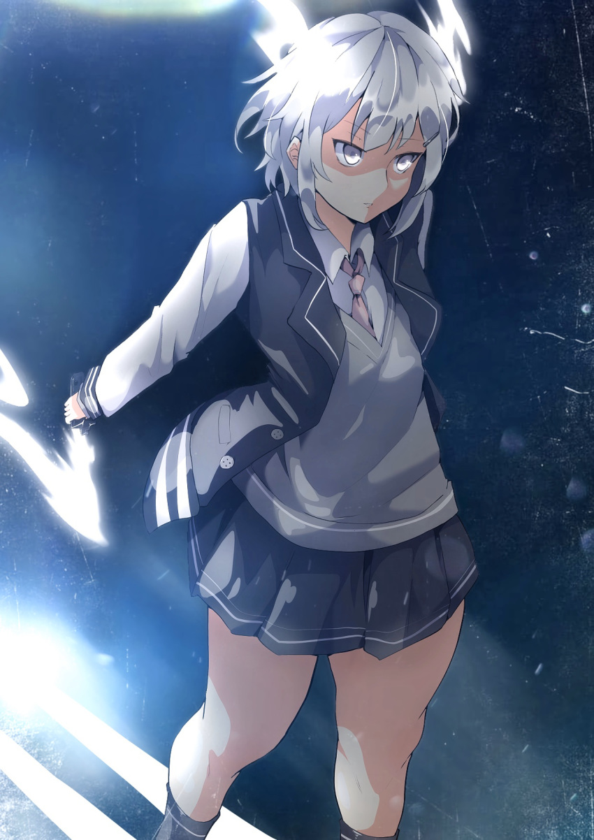 1girl, arms_behind_back, black_jacket, black_skirt, commentary, feet_out_of_frame, glowing, grey_eyes