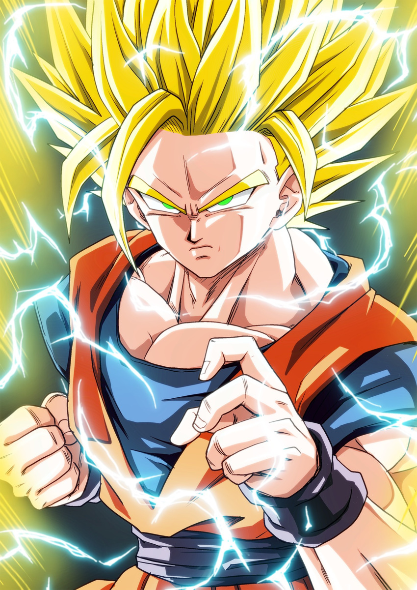 1boy, aura, blonde_hair, clenched_hand, commentary_request, dougi, dragon_ball, dragon_ball_z