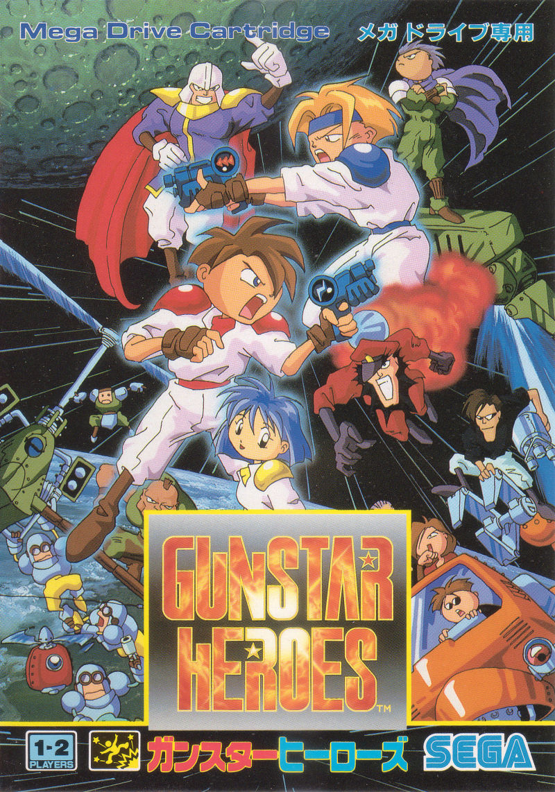 1990s_(style), 2girls, aiming, aircraft, angry, bandana, belt, blonde_hair, blue_hair, body_armor, boots, brown_hair, cape, character_request, cockpit, cover, drone, earth, energy_gun, everyone, explosion, fingerless_gloves, fire, game_console, game_cover, gloves, green_(gunstar_heroes), gunstar_blue, gunstar_heroes, gunstar_red, gunstar_yellow, hat, helmet, logo, mecha, moon, multiple_boys, multiple_girls, official_art, official_style, oldschool, orange_(gunstar_heroes), pink_(gunstar_heroes), propeller, ray_gun, robot, scan, sega, sega_mega_drive, shoulder_pads, smash_daisaku_(character), soldier, spiky_hair, tagme, traditional_media, translation_request, treasure_(developer), uniform, video_game, walker, weapon