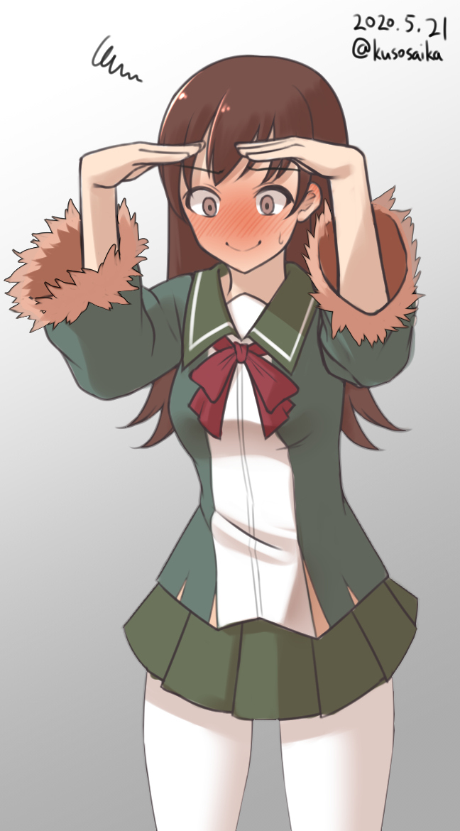 1girl, blush, brown_eyes, brown_hair, commentary_request, cosplay, cowboy_shot, fur-trimmed_sleeves