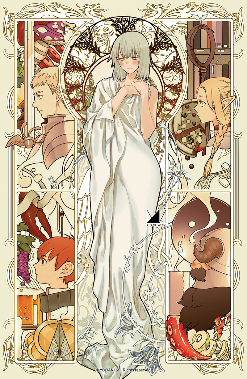 2girls, 3boys, alcohol, armor, art_nouveau, beard, beer, blonde_hair