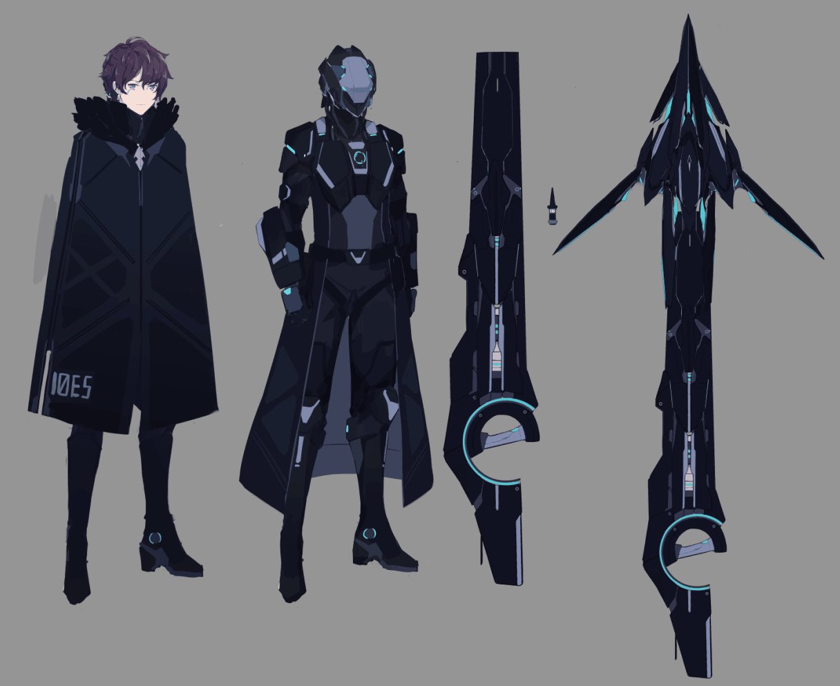 1boy, black_cloak, brown_hair, character_sheet, clenched_hands, cloak, closed_mouth, green_eyes, grey_background, gun, headwear_removed, helmet, helmet_removed, jhcrow3, original, simple_background, solo, standing, weapon