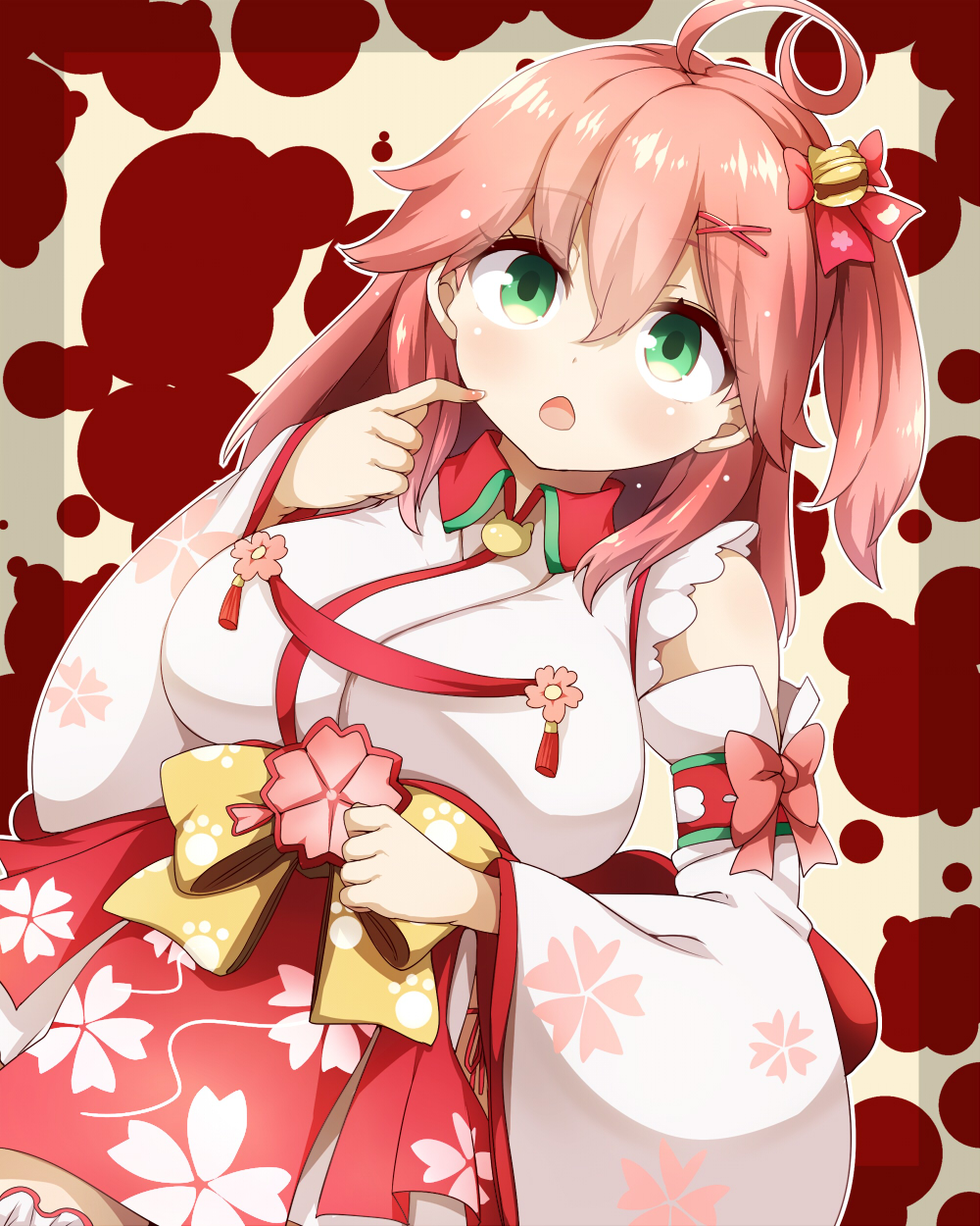 1girl, ahoge, bell, breasts, cherry_blossom_print, chestnut_mouth, detached_sleeves, floral_print