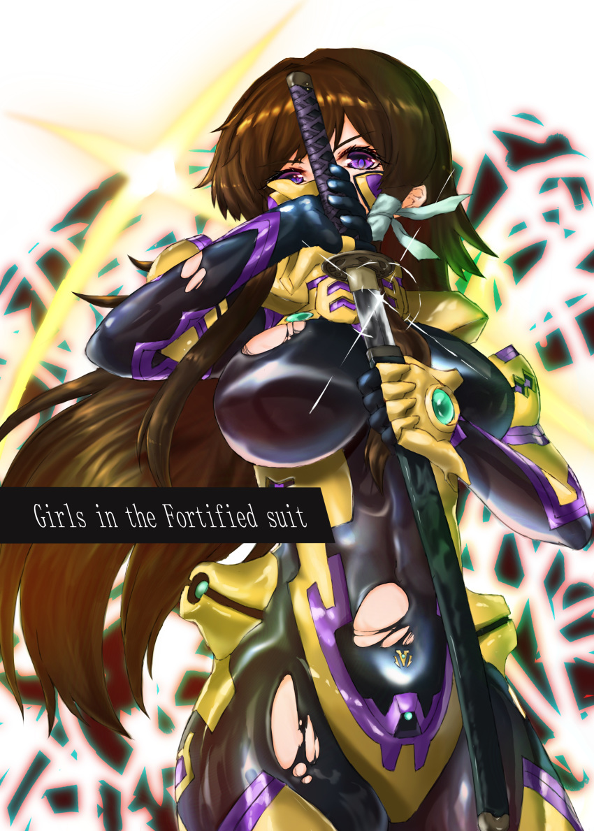 1girl, absurdres, black_bodysuit, bodysuit, breasts, brown_hair, hair_ribbon, highres