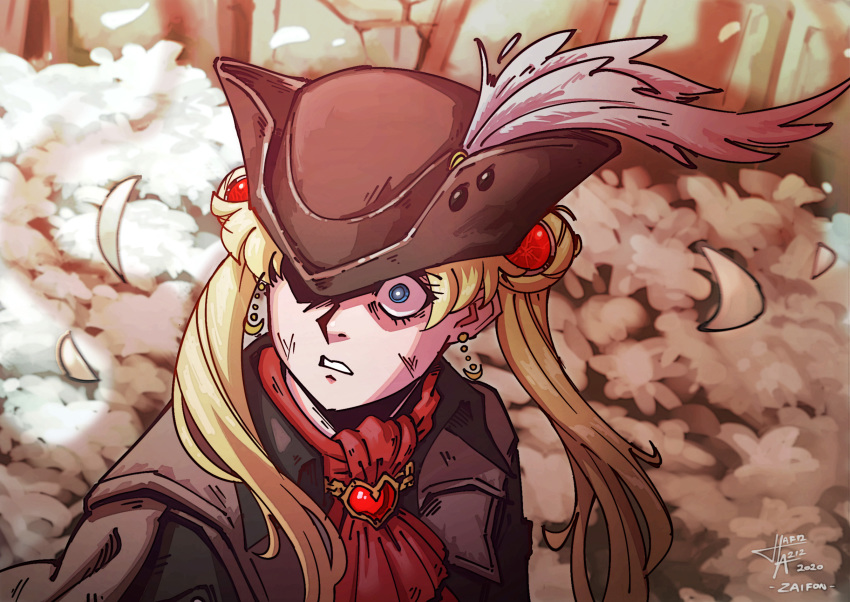 ascot, bishoujo_senshi_sailor_moon, blonde_hair, bloodborne, blue_eyes, coat, crescent, crescent_earrings, derivative_work, earrings, feathers, hat, heart, highres, jewelry, long_hair, meme, sailor_moon_redraw_challenge, screencap_redraw, tagme, tricorne, tsukino_usagi, upper_body, za1f0n