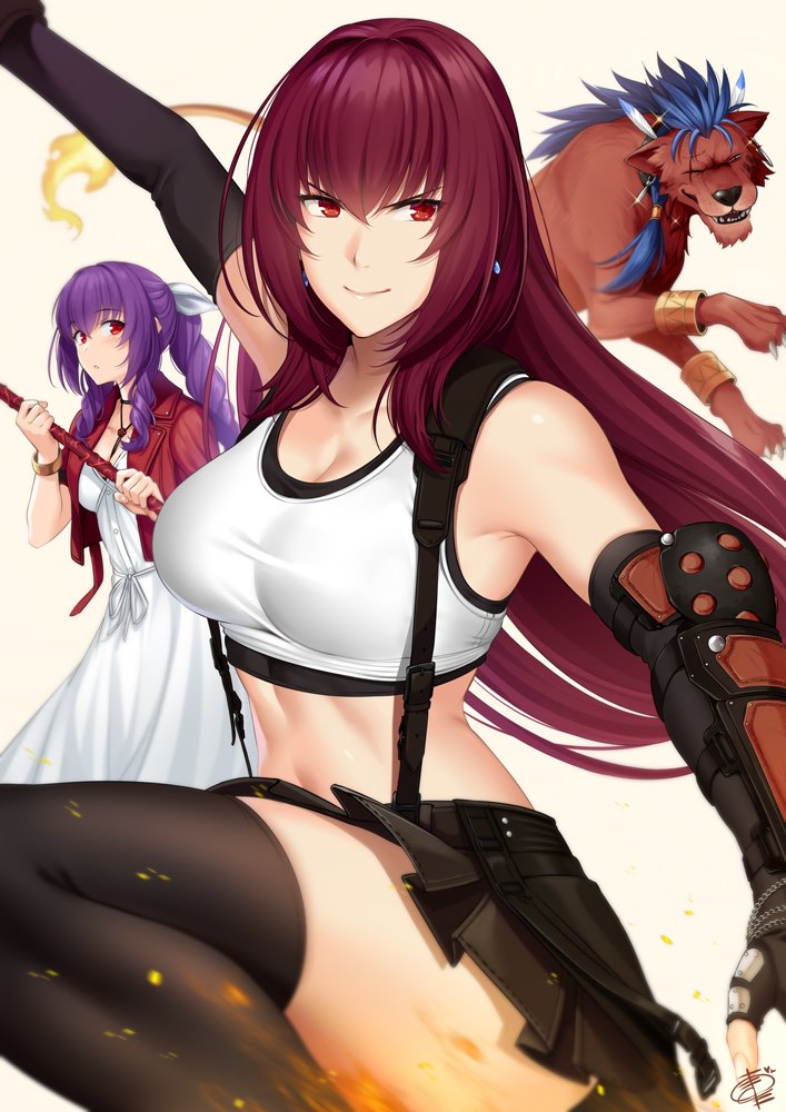 1boy, 2girls, aerith_gainsborough, aerith_gainsborough_(cosplay), black_skirt, blue_hair, bracelet, breasts, cosplay, cropped_jacket, cu_chulainn_(fate)_(all), dress, drill_hair, earrings, elbow_gloves, elbow_pads, fate/grand_order, fate_(series), final_fantasy, final_fantasy_vii, final_fantasy_vii_remake, fingerless_gloves, gae_bolg, gloves, hair_between_eyes, hair_intakes, jacket, jewelry, lancer, large_breasts, long_dress, looking_at_another, looking_at_viewer, midriff, multiple_girls, okitakung, pencil_skirt, pink_dress, ponytail, purple_hair, red_eyes, red_jacket, red_xiii, red_xiii_(cosplay), scathach_(fate)_(all), scathach_(fate/grand_order), scathach_skadi_(fate/grand_order), side_drill, skirt, smile, suspender_skirt, suspenders, tank_top, thigh-highs, tifa_lockhart, tifa_lockhart_(cosplay), white_tank_top