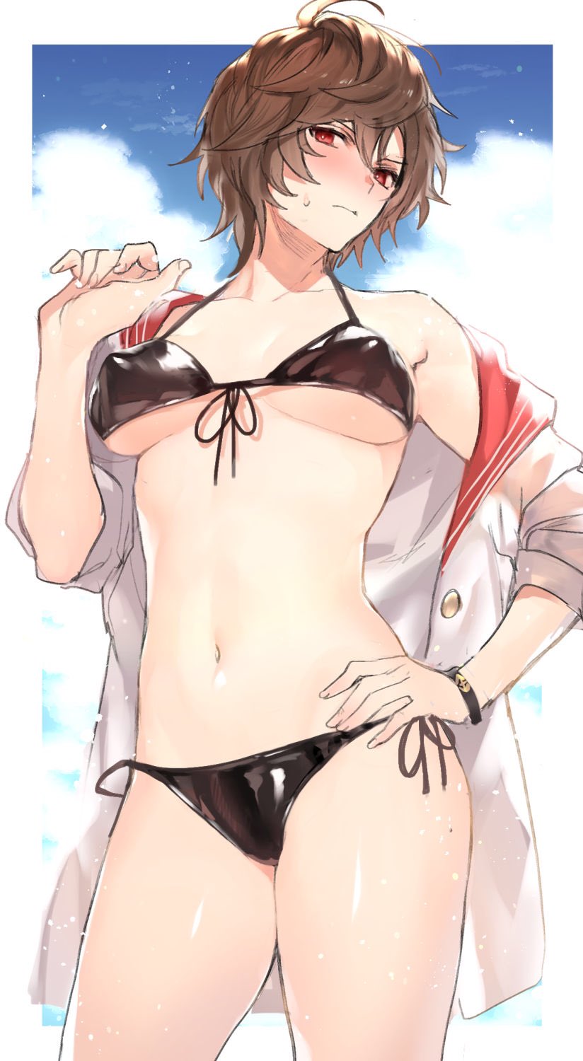 1girl, bikini, black_bikini, blush, bracelet, brown_hair, doushite, genderswap