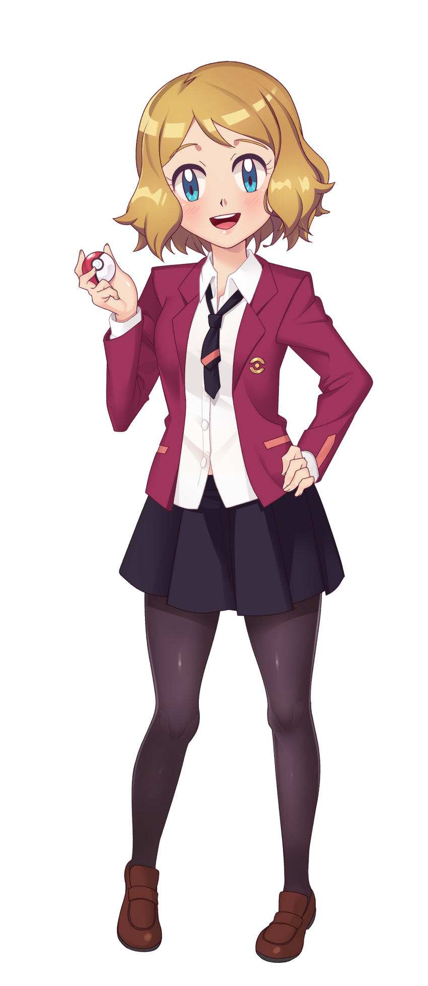 1girl, :d, absurdres, bangs, black_legwear, black_neckwear, black_skirt, blazer