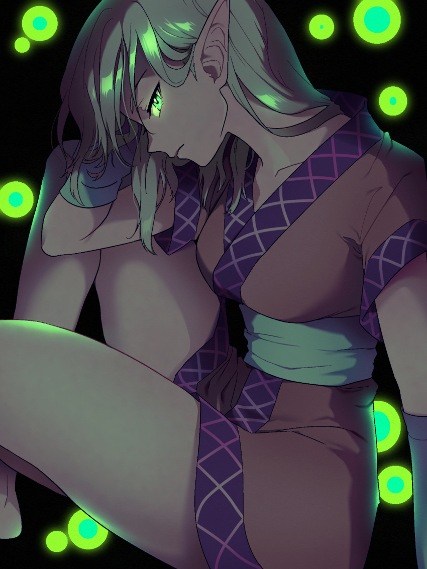 1girl, arm_warmers, black_background, blonde_hair, collarbone, commentary, glowing, glowing_eyes