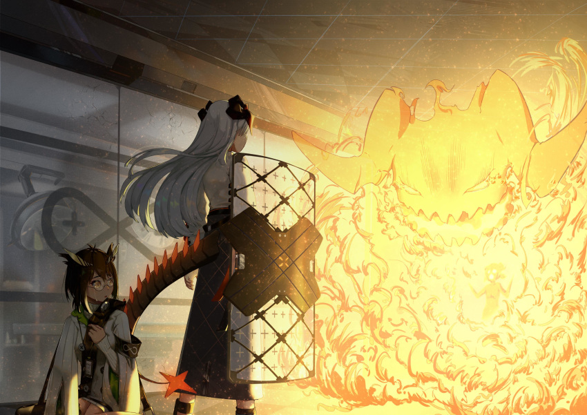 3girls, absurdres, arknights, armband, bangs, black_hair, black_skirt, brown_eyes