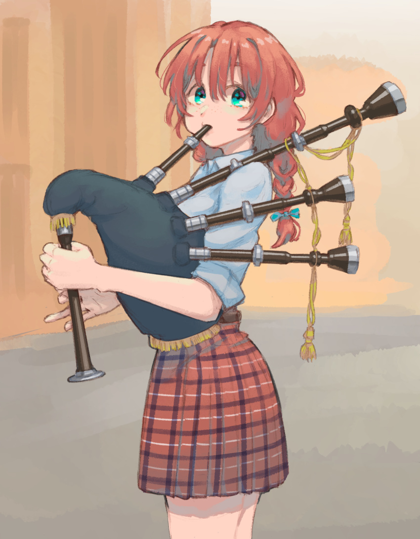 1girl, bagpipes, braid, commentary_request, emma_verde, freckles, hair_ribbon, highres