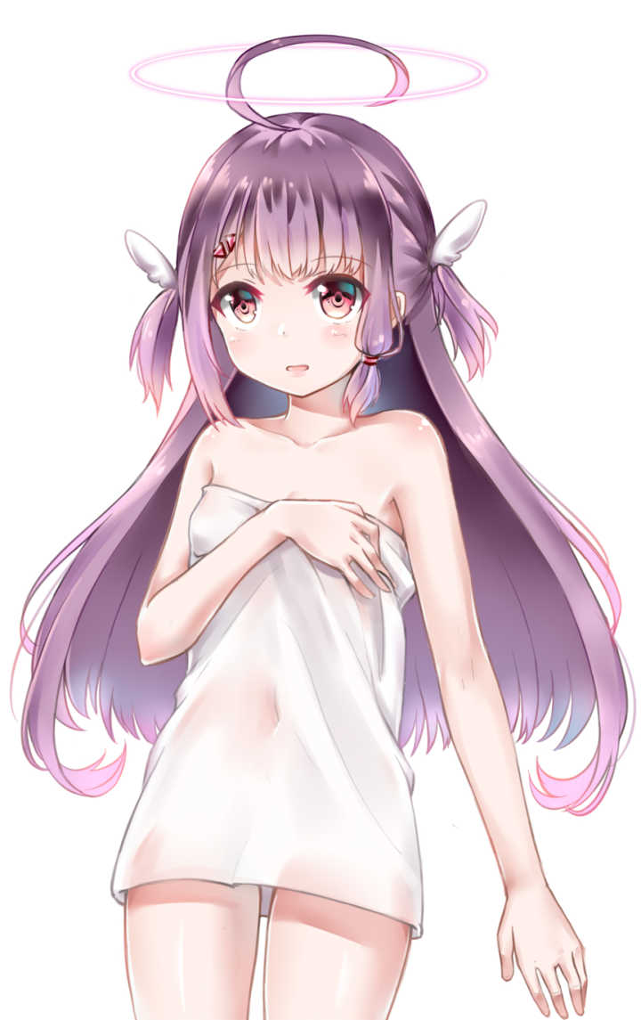 1girl, ahoge, artist_request, blush, covering, hair_ornament, halo, holding