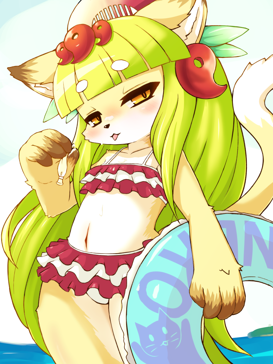 1girl, animal_ears, animal_nose, bikini, bikini_skirt, blush, cat, cat_ears