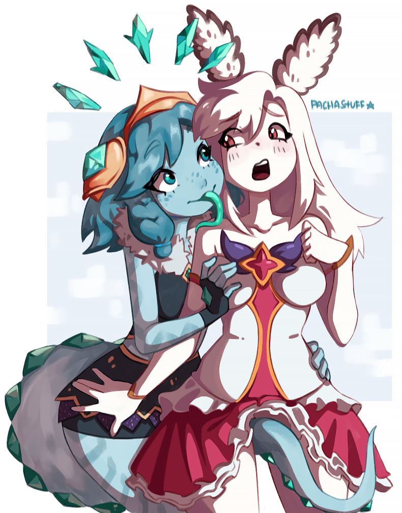 2girls, ahri, blue_eyes, blue_hair, blue_skin, blush, breast_grab, chroma_variant, cosplay, furry, grabbing, league_of_legends, long_hair, multiple_girls, navel, neeko_(league_of_legends), original, pacha_(pachastuff), red_eyes, skirt, star_guardian_(league_of_legends), star_guardian_ahri, star_guardian_ahri_(cosplay), tail, tongue, tongue_out, vastaya, white_hair, winter_wonder_neeko