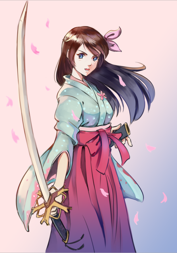 1girl, amamiya_sakura, blue_eyes, brown_hair, hair_ribbon, holding, holding_sword, holding_weapon