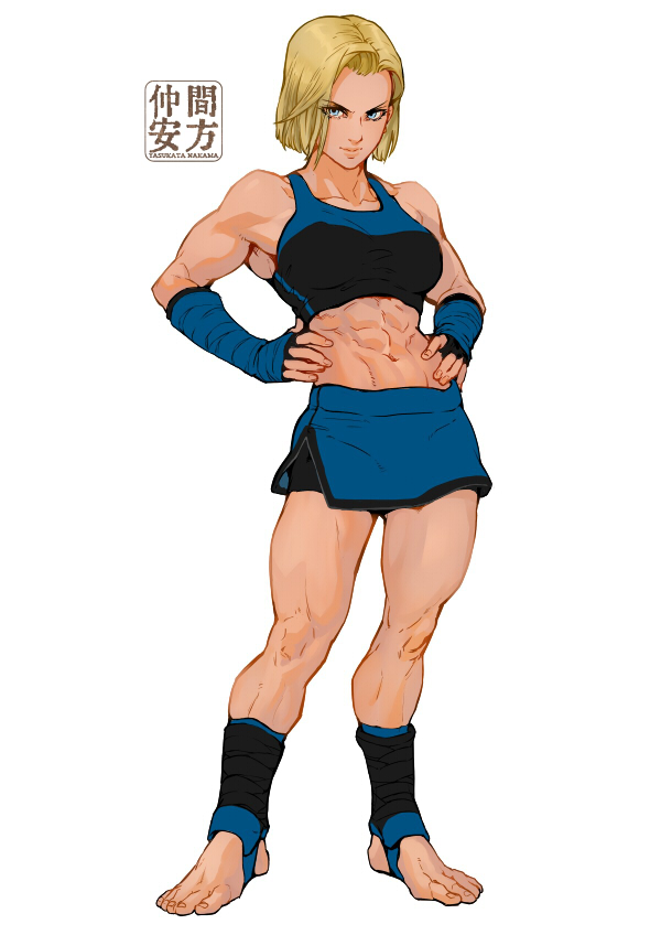 1girl, abs, android_18, bike_shorts, blonde_hair, blue_eyes, commentary, commission