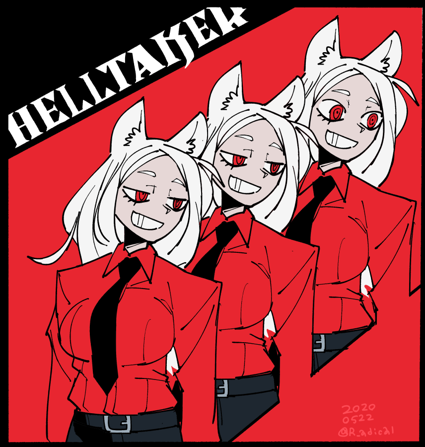 3girls, animal_ears, black_neckwear, black_pants, breasts, cerberus_(helltaker), dated, dog_ears