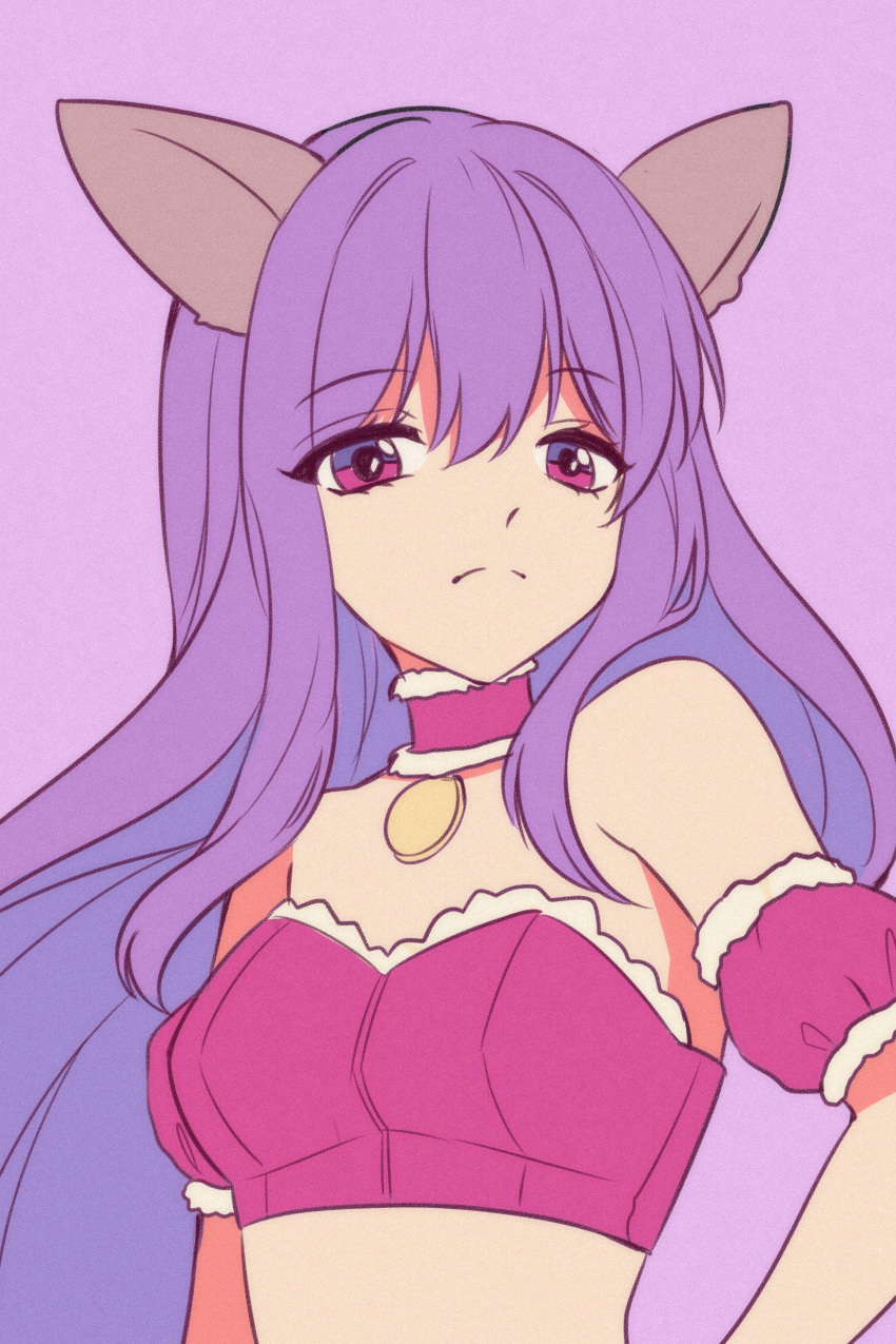 1girl, absurdres, animal_ears, bandeau, choker, closed_mouth, detached_sleeves, expressionless, eyebrows_visible_through_hair, fujiwara_zakuro, hair_between_eyes, highres, long_hair, magical_girl, mew_zakuro, midriff, puffy_detached_sleeves, puffy_sleeves, purple_background, purple_hair, purple_theme, shorts, solo, strapless, tokyo_mew_mew, tubetop, violet_eyes, wolf_ears, yaya_chan
